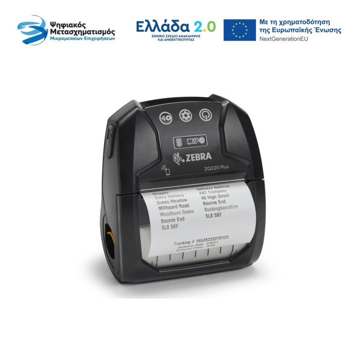 ZEBRA ZQ220 PLUS - 3" DT MOBILE LABEL/RECEIPT PRINTER, 203 DPI, USB 2.0, BT, BATTERY, BELT CLIP & USB C CABLE, BLACK
