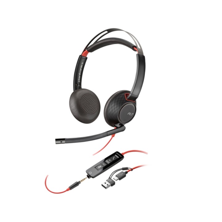 POLY BLACKWIRE 5220 STEREO USB-C HEADSET +3.5MM PLUG +USB-C/A ADAPTER (BULK)